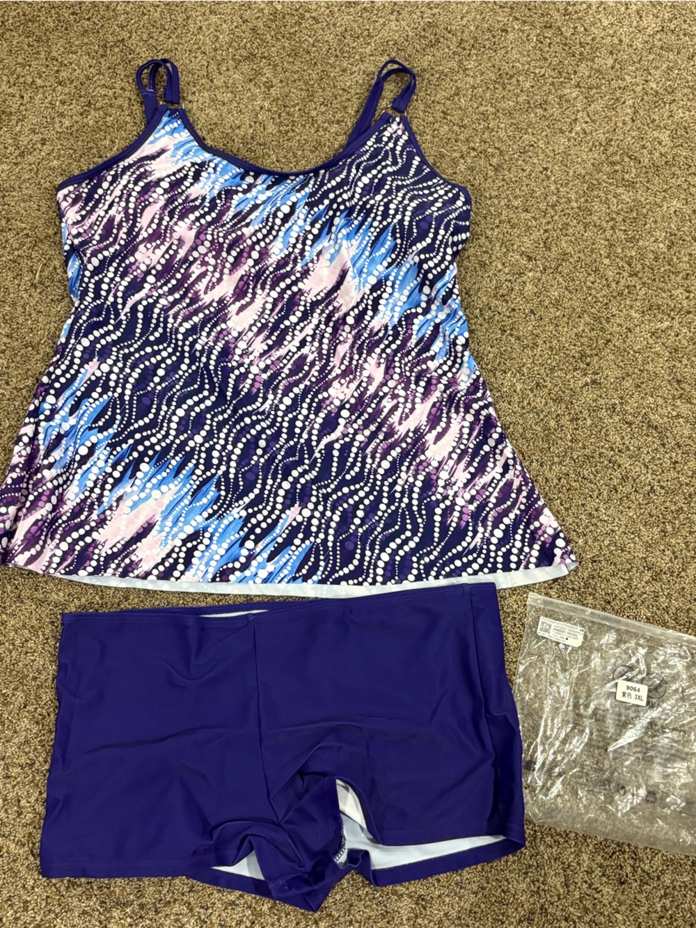 Women’s Purple Patterned Tankini swim suit with Matching Swim Shorts 1xl